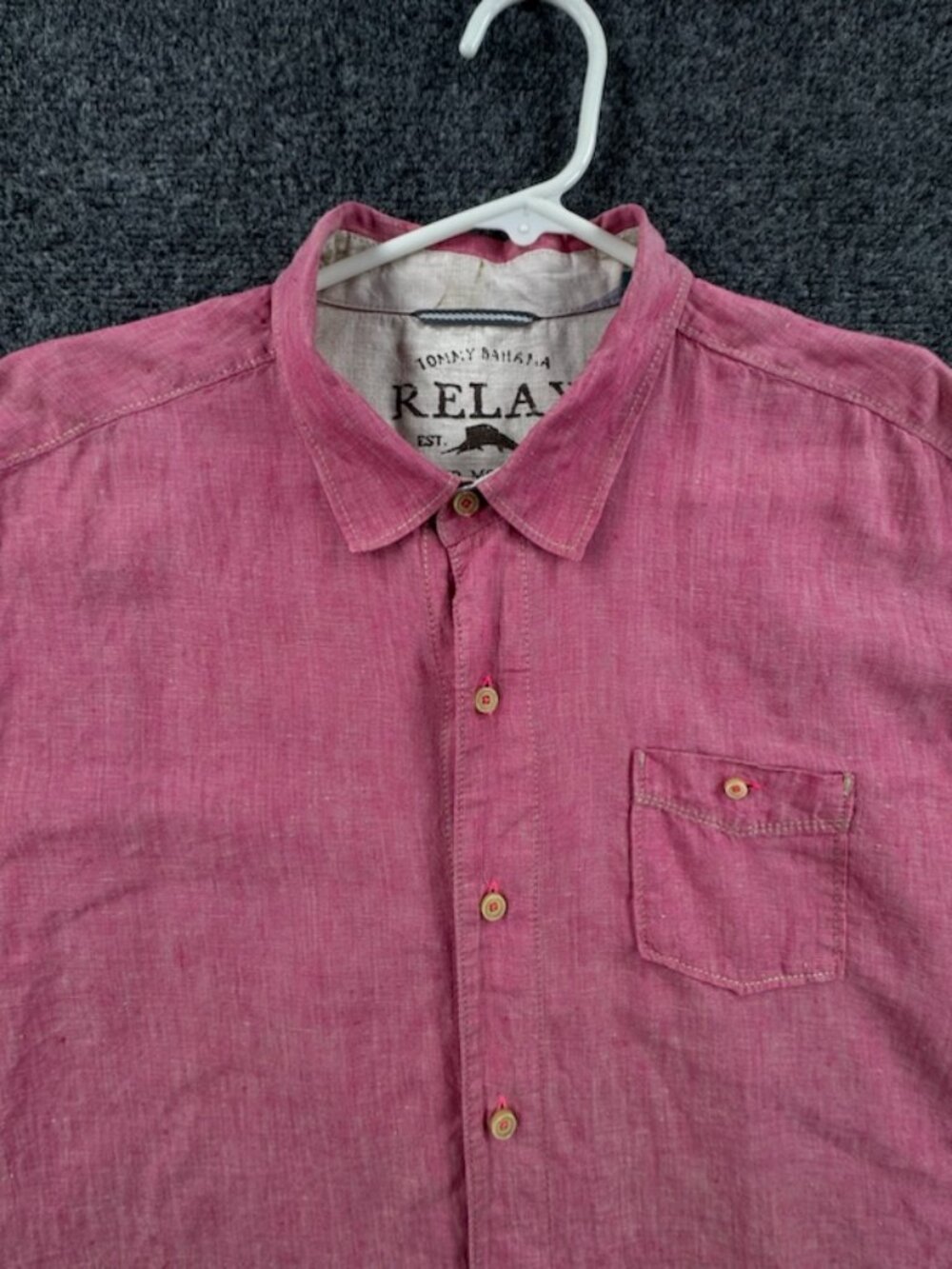Tommy Bahama Logo Pink Short Sleeve Men XL Relax All Linen Hawaiian Casual Beach